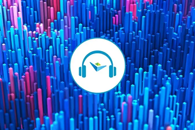 VACU logo with a headphone graphic, set against a 3D background of vertical, multicolored bars.