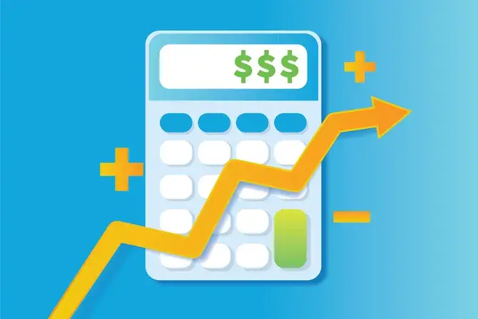 "Illustration of a calculator with dollar signs and growth symbols, representing savings or investment planning.