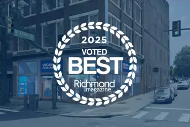 Virginia Credit Union branch with 2025 Voted Best Richmond magazine logo overlaid on top