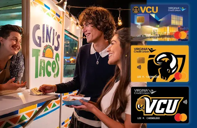 Two people smiling while ordering at a food truck with VCU Mastercard art overlaid on top